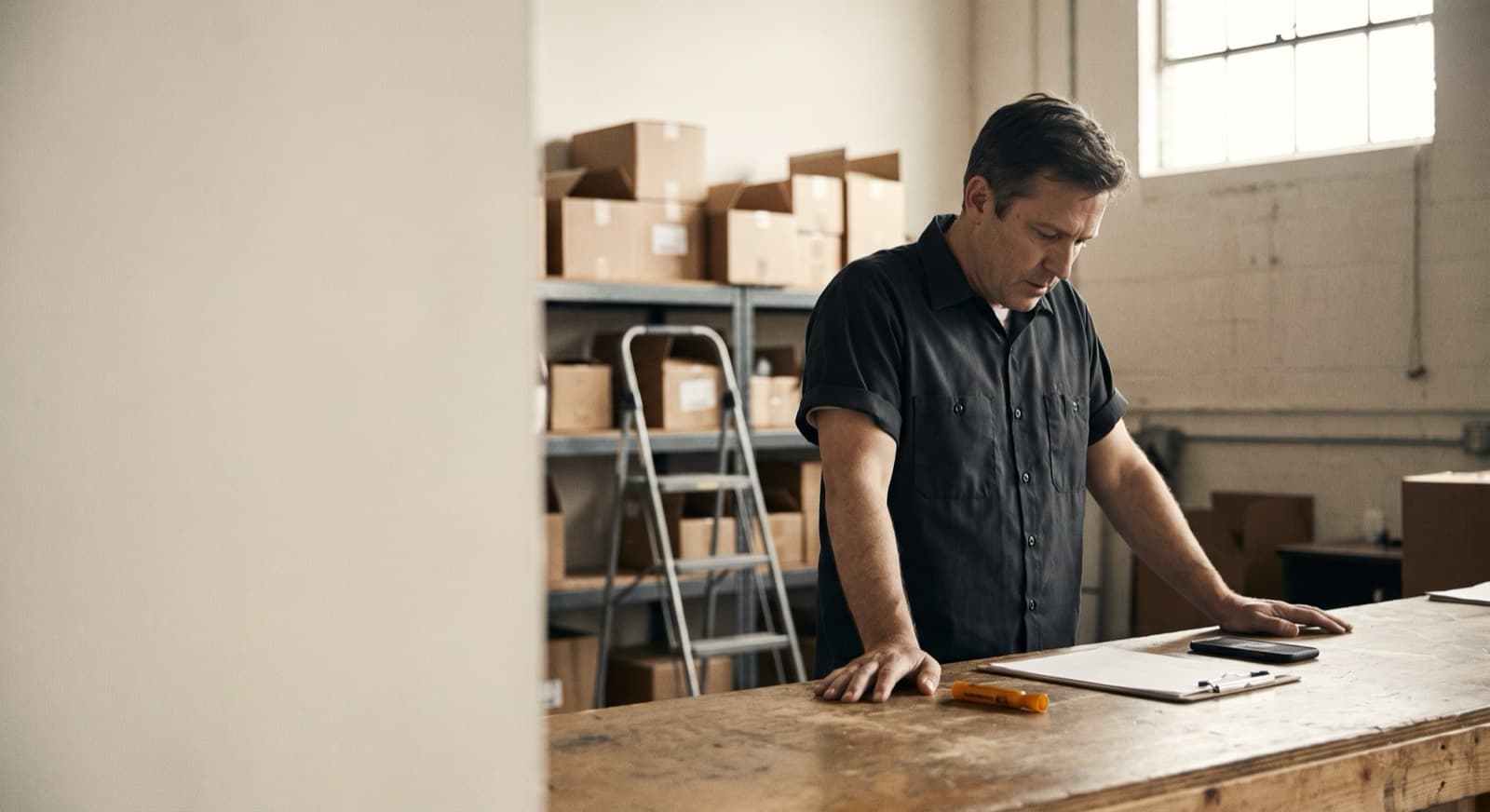 An owner-manager reading a staff request on a warehouse counter, phone face-down beside a paper list