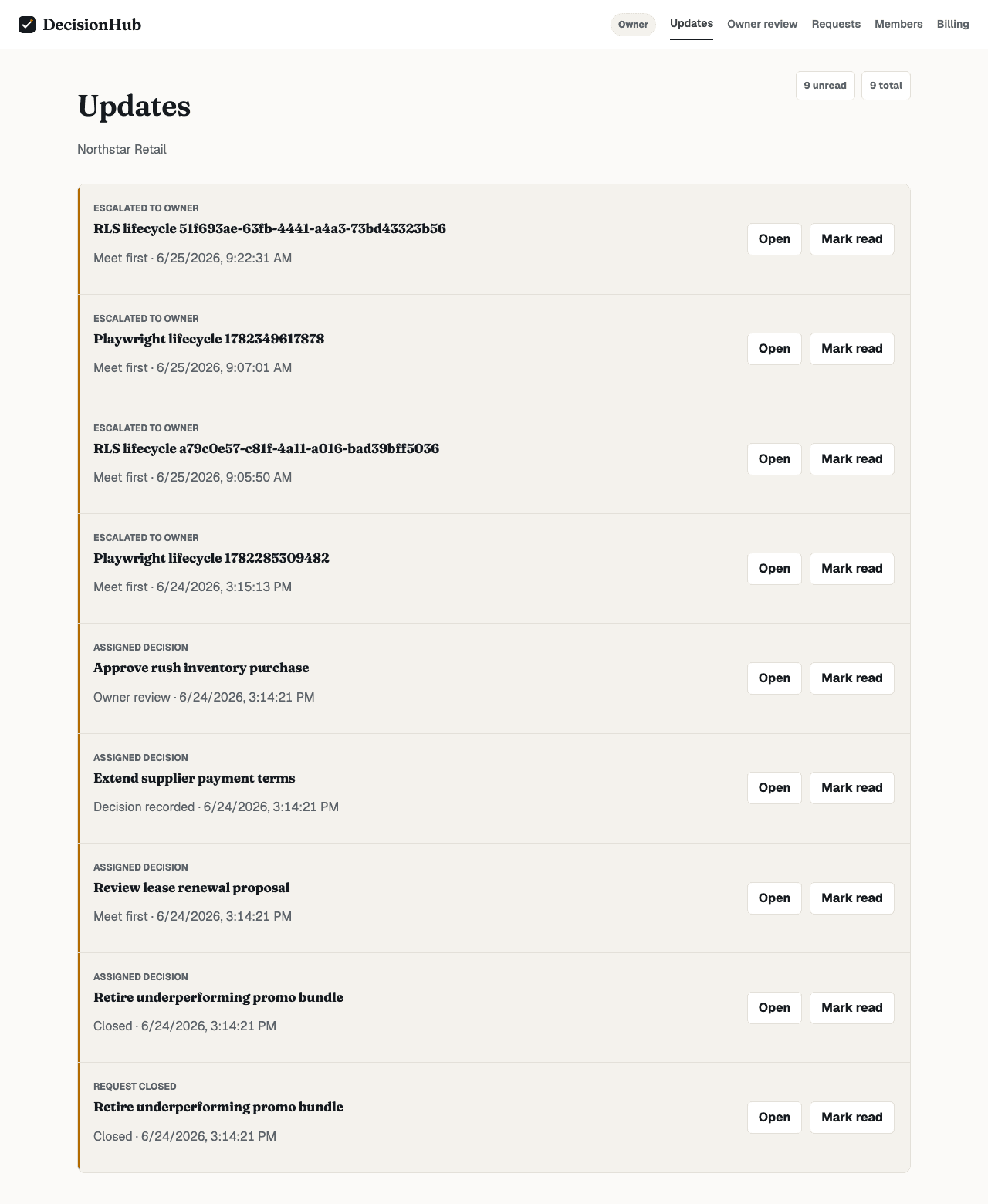 DecisionHub updates feed showing assigned decisions